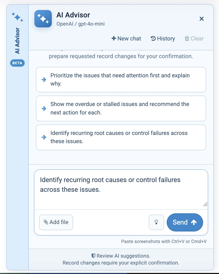 AuditFindings AI Advisor showing suggested questions for prioritizing issues, identifying stalled work, and finding recurring control failures